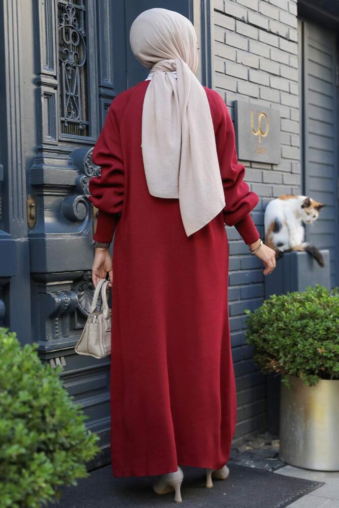 Bordo Tesettür Triko Elbise 100013BR - 4