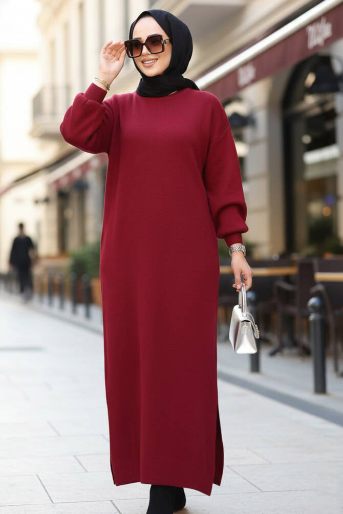 Bordo Tesettür Triko Elbise 17205BR - 1