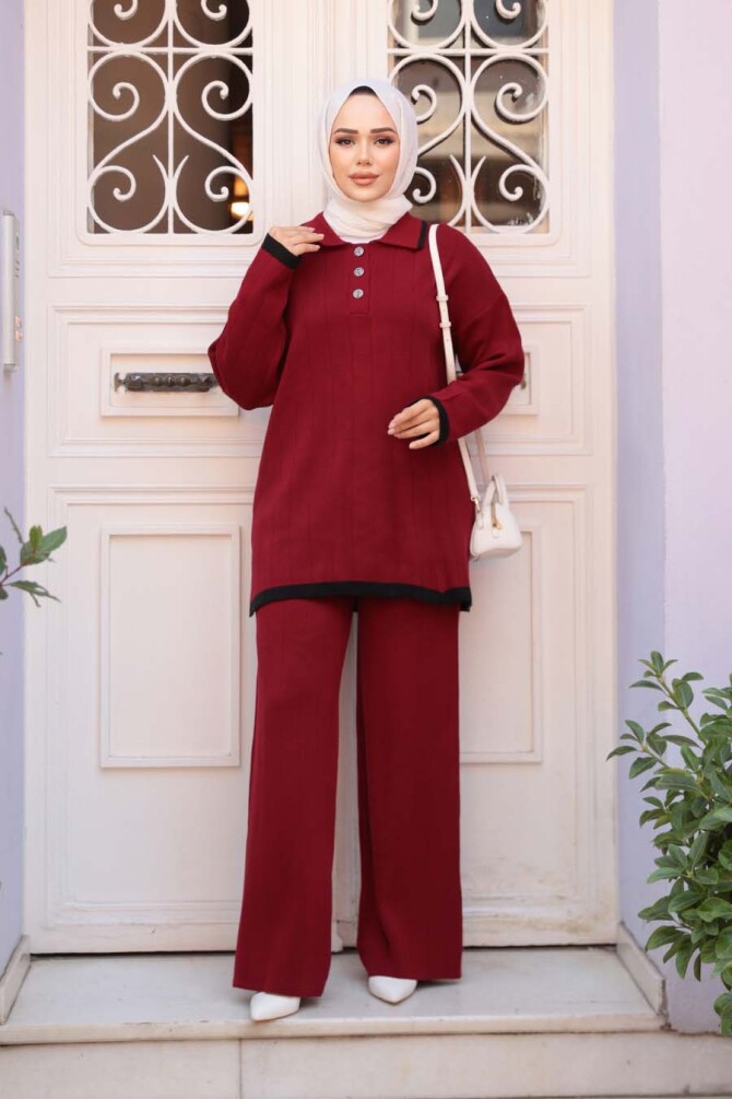 Bordo Tesettür Triko İkili Takım 17204BR - 3