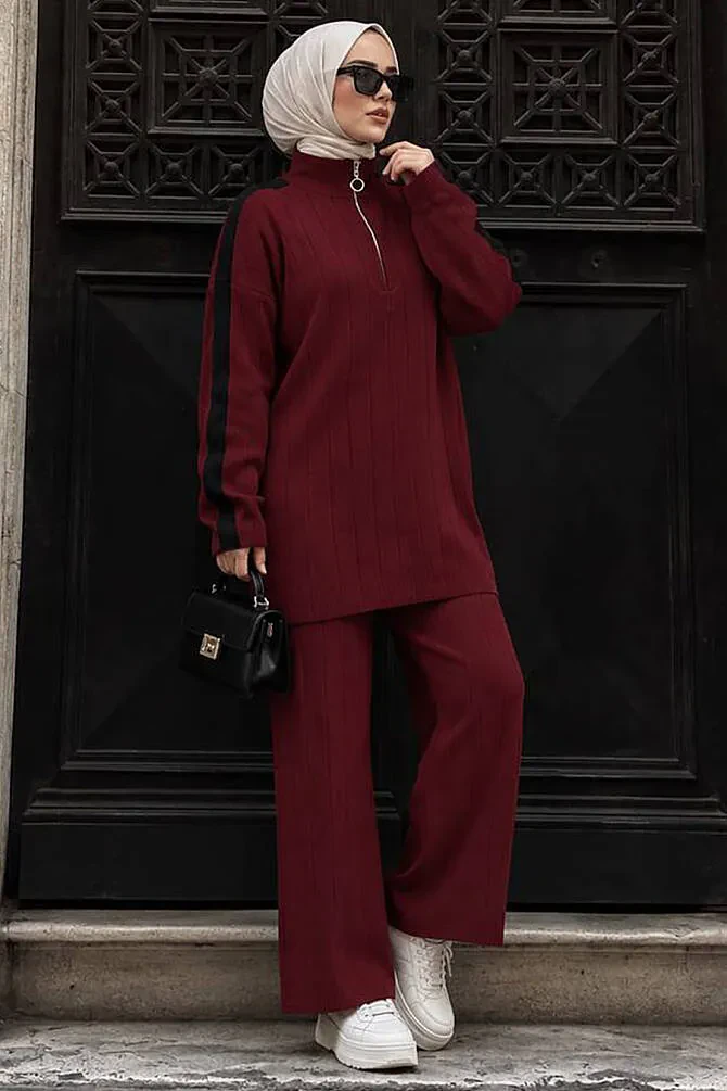 Bordo Tesettür Triko İkili Takım 50163BR - 1