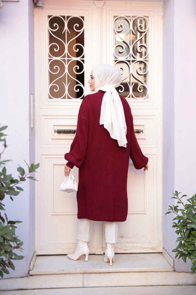 Bordo Tesettür Triko Kazak Tunik 27501BR - 4