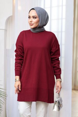 Bordo Tesettür Triko Kazak Tunik 2822BR 