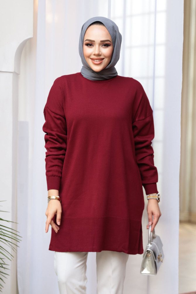 Bordo Tesettür Triko Kazak Tunik 2822BR - 2