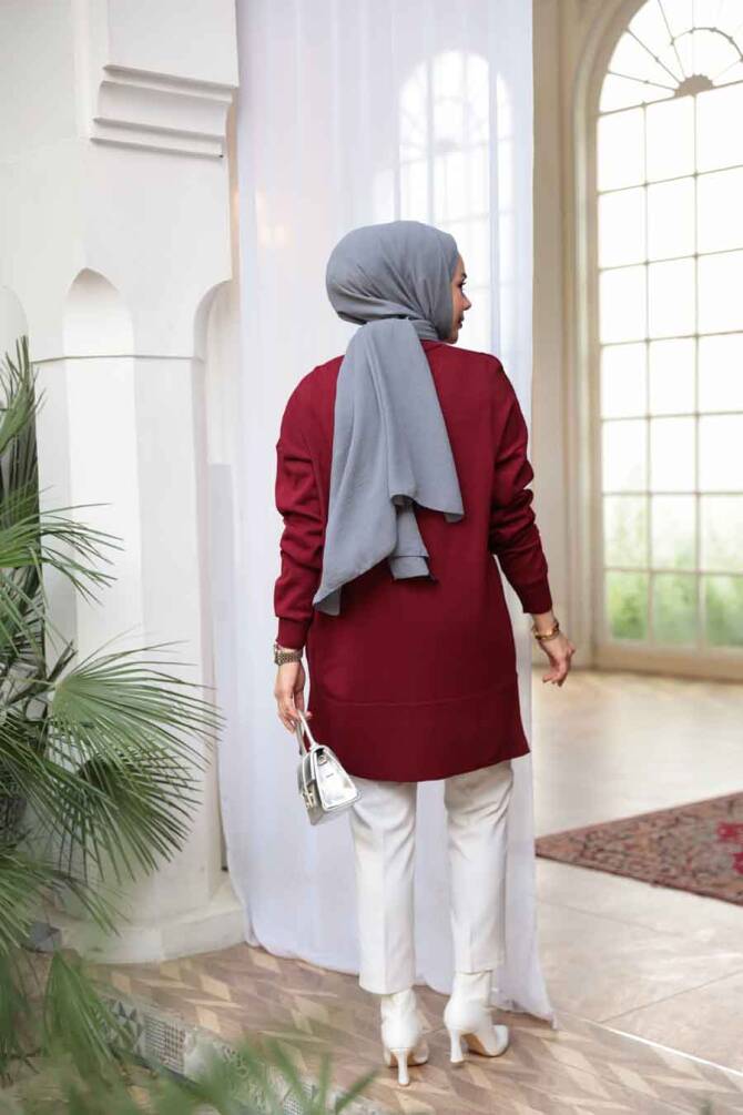 Bordo Tesettür Triko Kazak Tunik 2822BR - 3