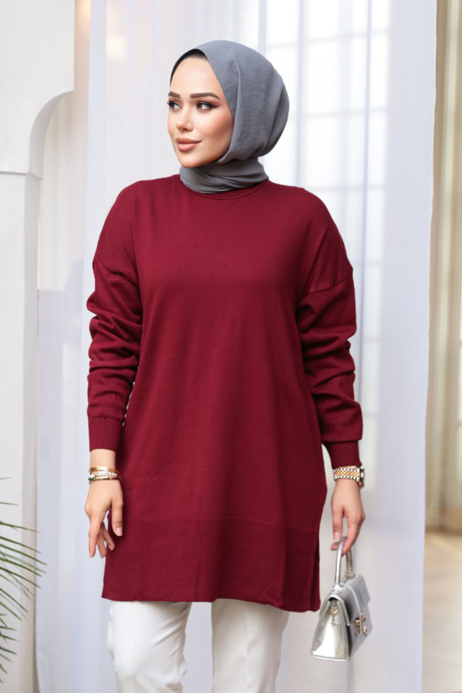 Bordo Tesettür Triko Kazak Tunik 2822BR - N.S NEVA STYLE