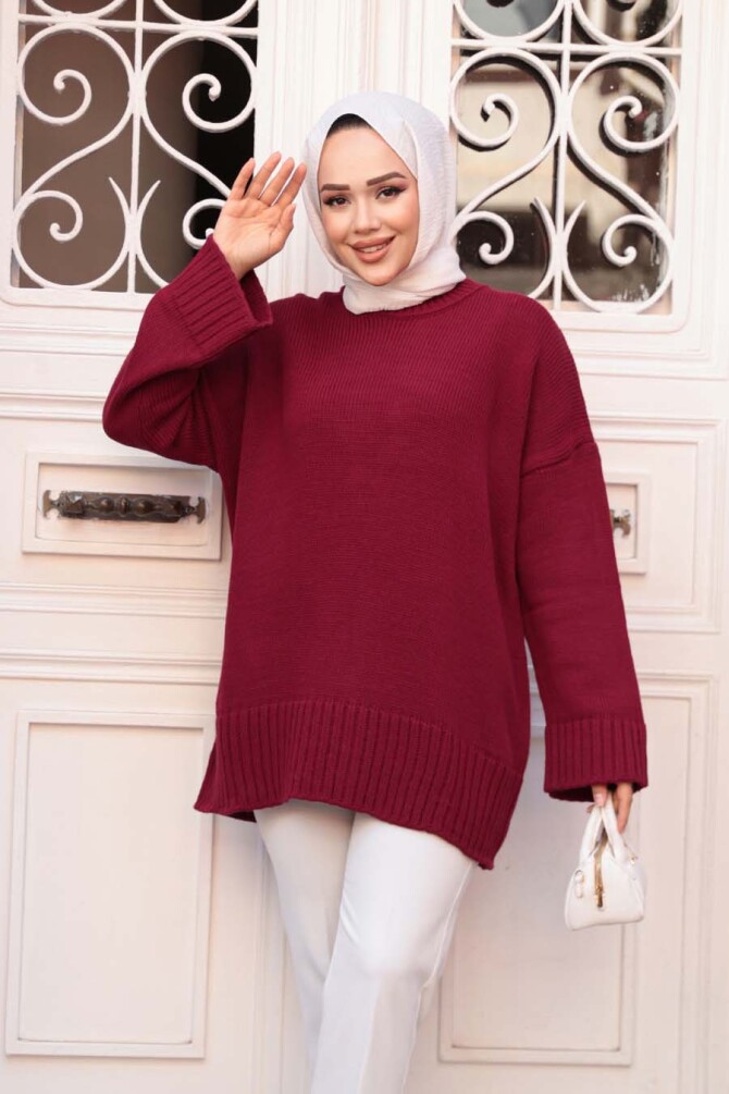 Bordo Tesettür Triko Kazak Tunik 70012BR - 2