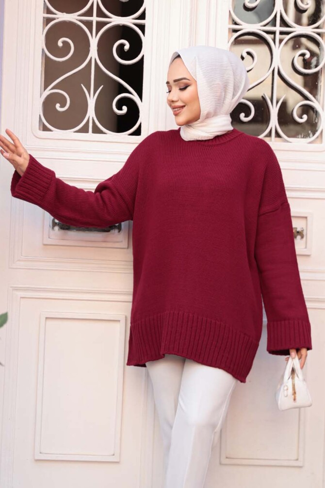 Bordo Tesettür Triko Kazak Tunik 70012BR - 3