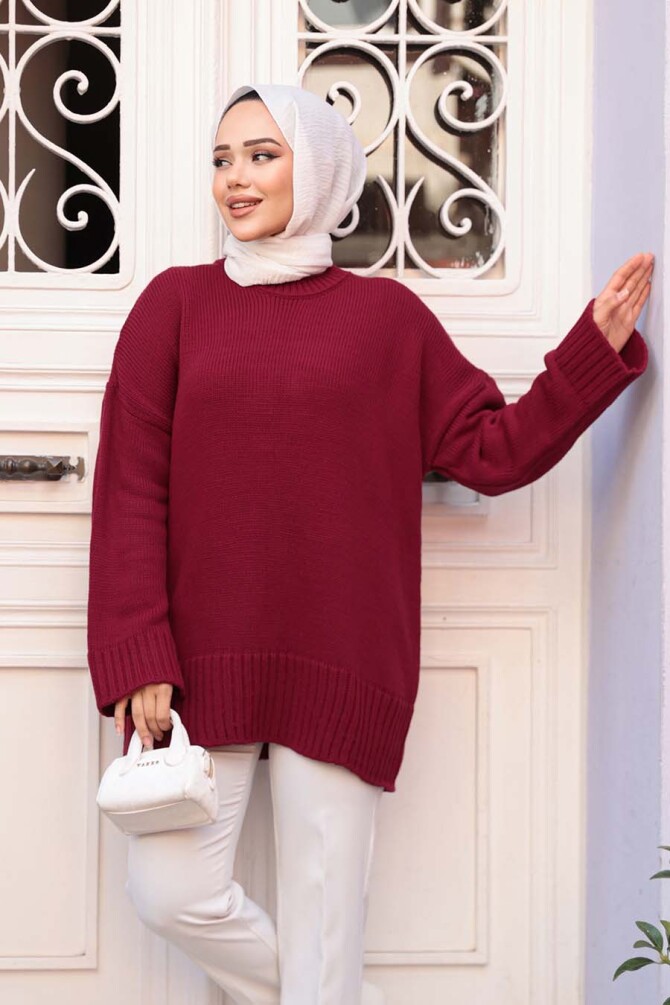 Bordo Tesettür Triko Kazak Tunik 70012BR - N.S NEVA STYLE