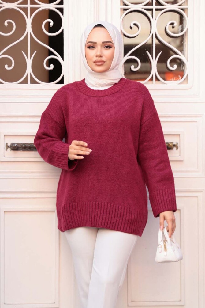 Bordo Tesettür Triko Kazak Tunik 55551BR - 2