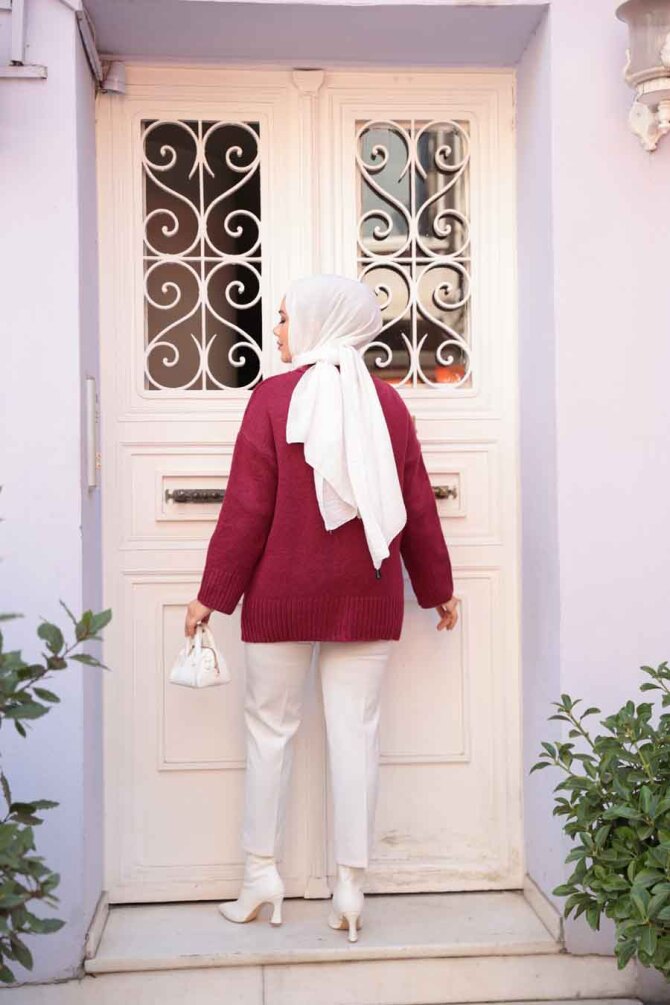 Bordo Tesettür Triko Kazak Tunik 55551BR - 3