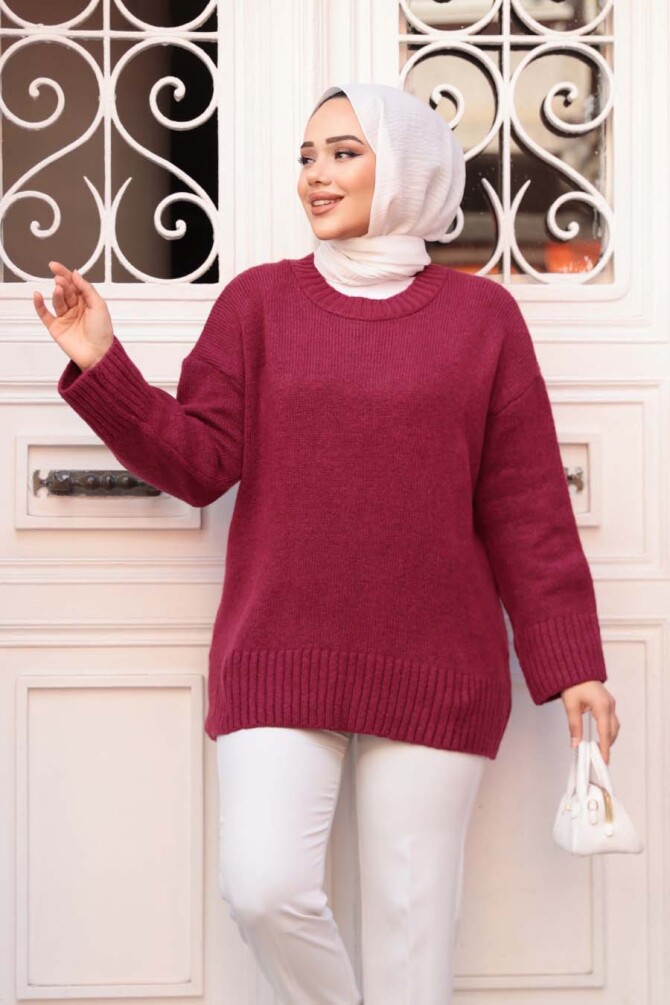 Bordo Tesettür Triko Kazak Tunik 55551BR - N.S NEVA STYLE