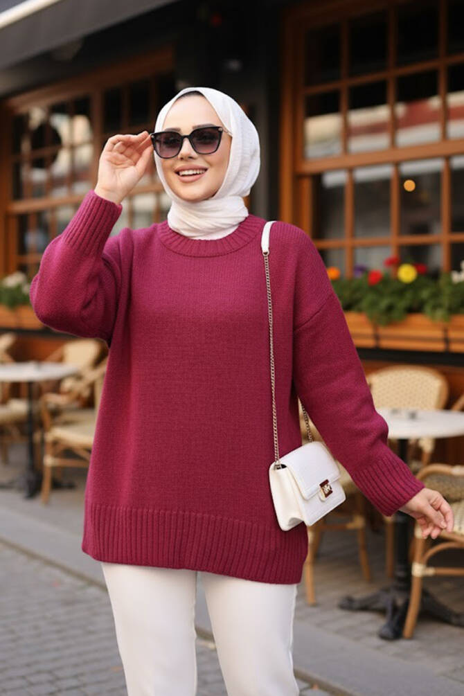 Bordo Tesettür Triko Kazak Tunik 55551BR - N.S NEVA STYLE