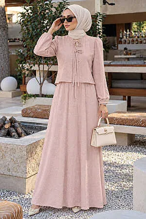 Bow-Neck Floral-Textured Beige Modest Two-Piece Skirt Set 1384BEJ - 1