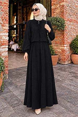 Bow-Neck Floral-Textured Black Modest Two-Piece Skirt Set 1384S 