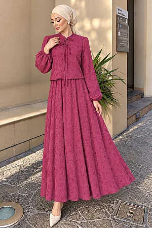 Bow-Neck Floral-Textured Dusty Rose Modest Two-Piece Skirt Set 1384GK 