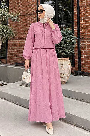 Bow-Neck Floral-Textured Powder Pink Modest Two-Piece Skirt Set 1384PD 