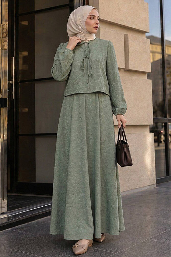 Bow-Neck Floral-Textured Sage Green Modest Two-Piece Skirt Set 1384CY - 1