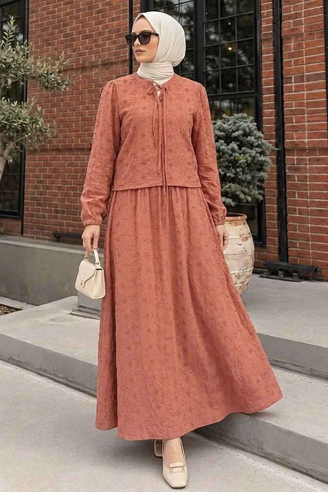 Bow-Neck Floral-Textured Tan Modest Two-Piece Skirt Set 1384TB - 1