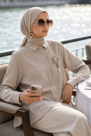 Brooch-Detail Beige Modest Tunic 11192BEJ 