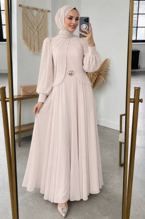 Brooch-Detail Draped Beige Modest Evening Dress 5747BEJ - 1