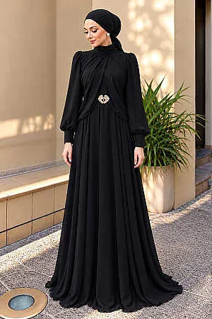 Brooch-Detail Draped Black Modest Evening Dress 5747S - 1
