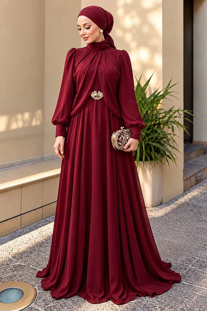 Brooch-Detail Draped Burgundy Modest Evening Dress 5747BR - 1