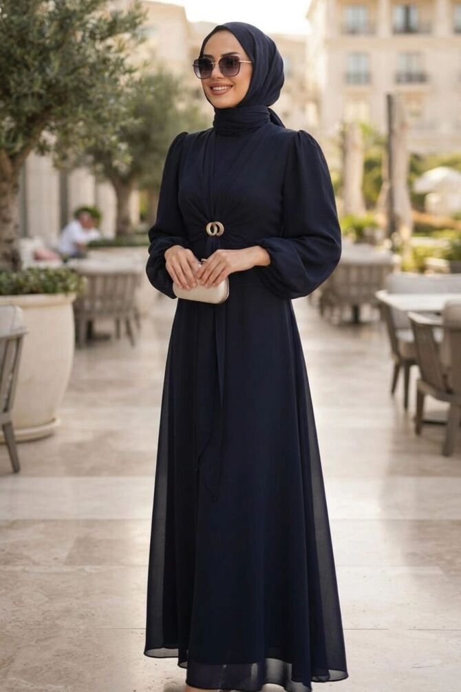 Brooch-Detail Draped Navy Blue Modest Evening Dress 6304L - 1