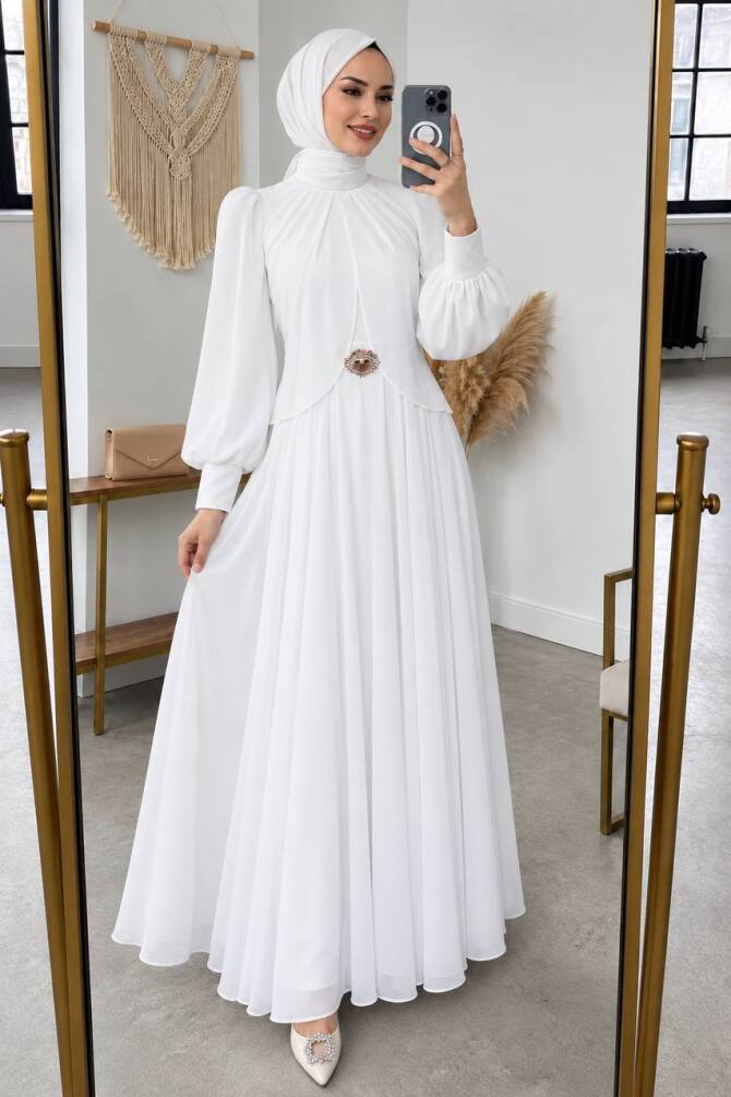 Brooch-Detail Draped White Modest Evening Dress 5747B - 1