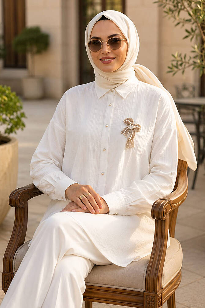 Brooch-Detail White Modest Tunic 11192B - 1