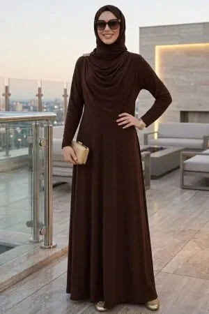 Brooch Detailed Brown Modest Dress 2455KH - 1