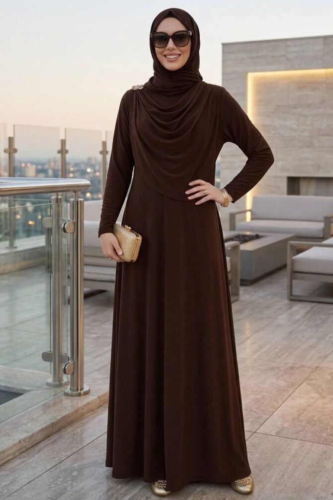 Brooch Detailed Brown Modest Dress 2455KH - 1