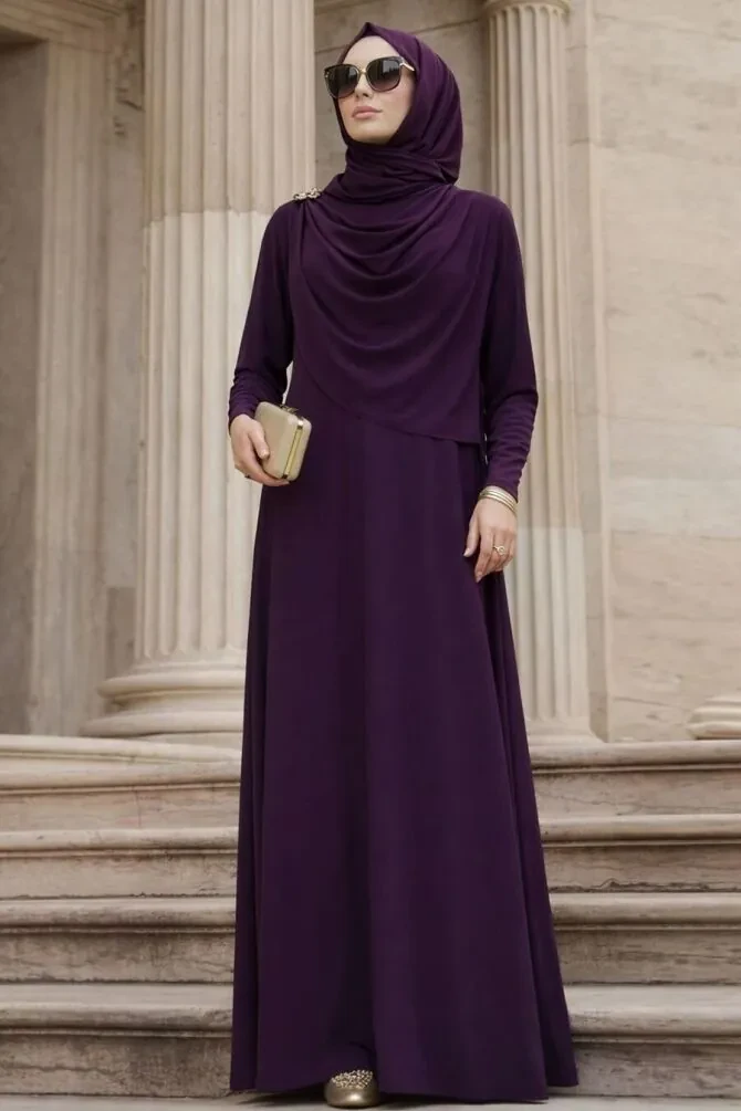 Brooch Detailed Purple Modest Dress 2455MOR - 1