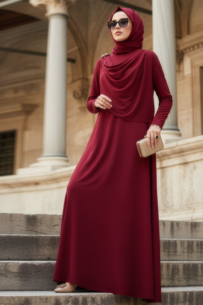 Broş Detaylı Bordo Tesettür Elbise 2455BR - 1