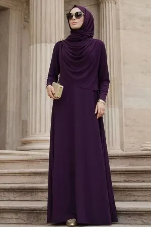 Broş Detaylı Mor Tesettür Elbise 2455MOR - 1