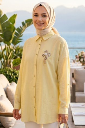 Broş Detaylı Sarı Tesettür Tunik 11192SR - 2