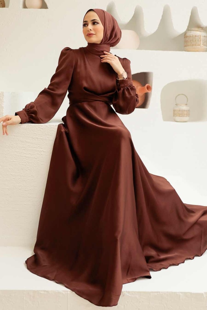 Neva Style - Satin Brown Modest Islamic Clothing Wedding Dress 3064KH - 3