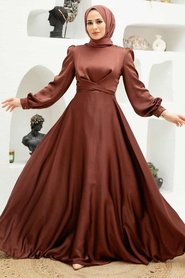 Neva Style - Satin Brown Modest Islamic Clothing Wedding Dress 3064KH - Thumbnail