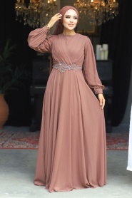 Neva Style - Stylish Brown Islamic Evening Gown 3435KH - Thumbnail