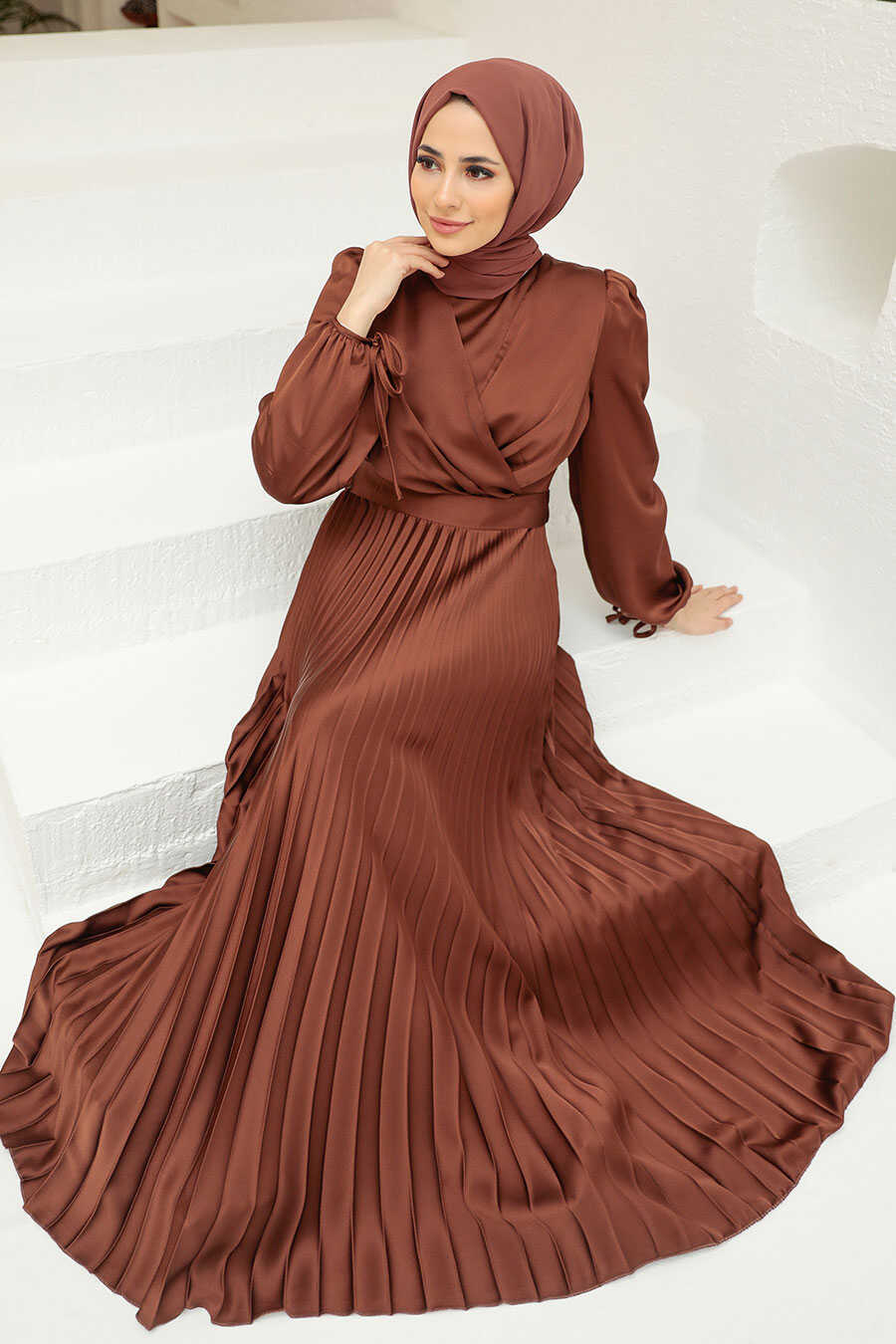 Neva Style - Elegant Brown Islamic Clothing Wedding Dress 3452KH