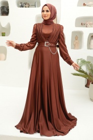 Neva Style - Long Sleeve Brown Islamic Long Sleeve Maxi Dress 3454KH - Thumbnail