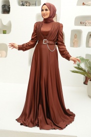 Neva Style - Long Sleeve Brown Islamic Long Sleeve Maxi Dress 3454KH - Thumbnail