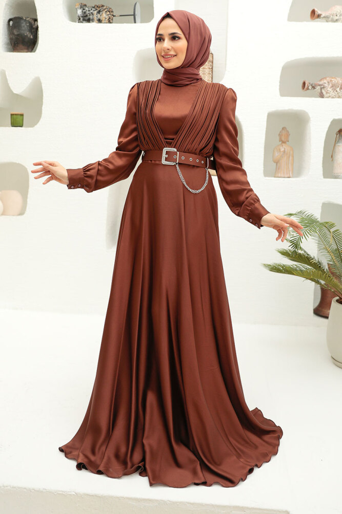 Neva Style - Long Sleeve Brown Islamic Long Sleeve Maxi Dress 3454KH - 2