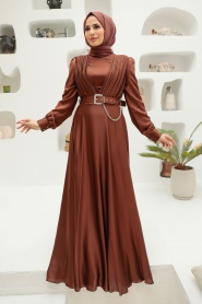 Neva Style - Long Sleeve Brown Islamic Long Sleeve Maxi Dress 3454KH - Thumbnail