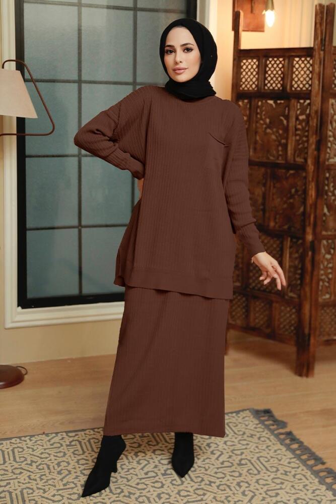Brown Hijab Knitwear Suit Dress 34021KH - 1