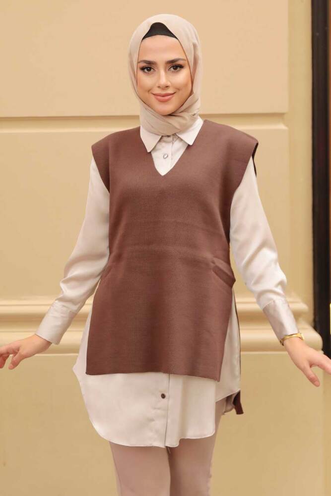 Brown Hijab Knitwear Sweater 23881KH - 1