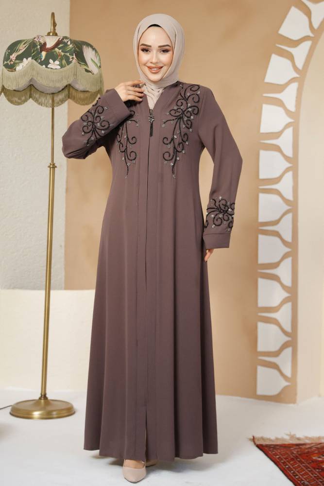 Brown Modest Abaya For Women 29107KH - 3