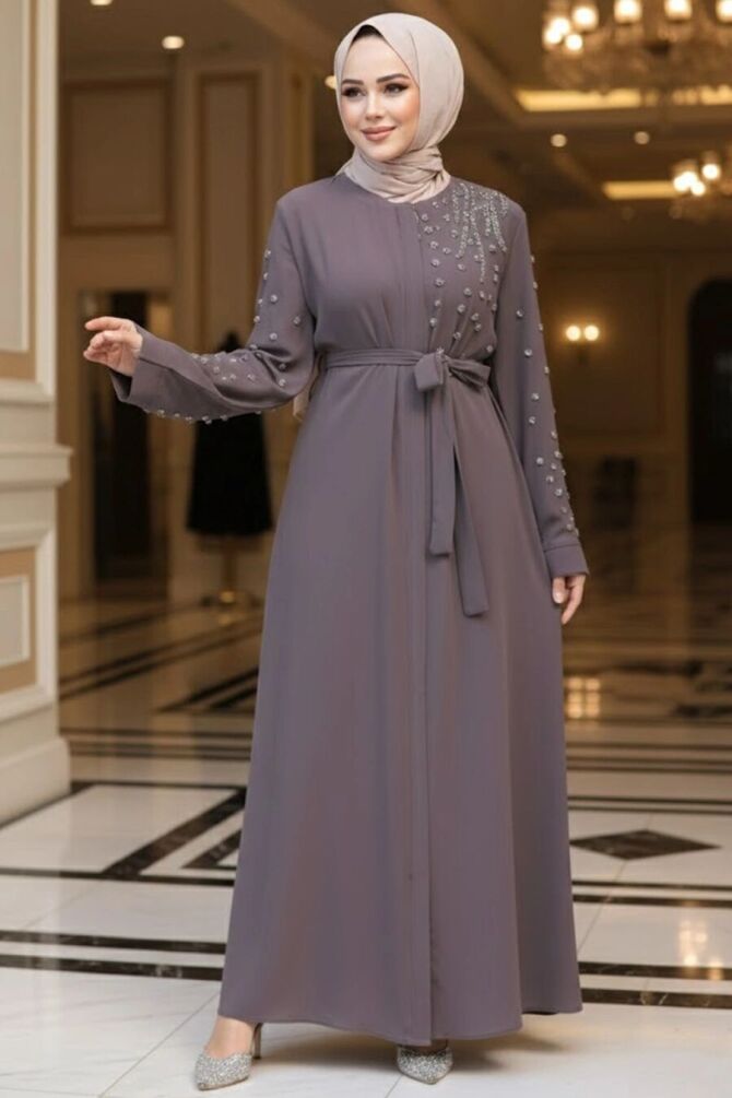 Brown Modest Dubai Abaya 29101KH - 1