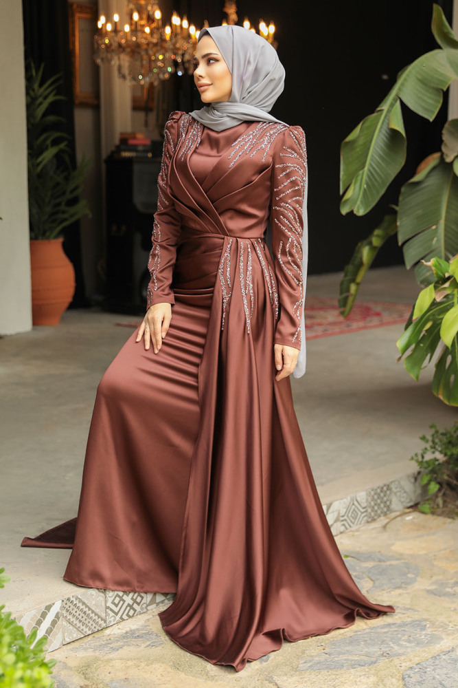 Brown Modest Long Satin Dress 43381KH - 1