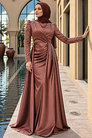 Brown Modest Long Satin Dress 43381KH 