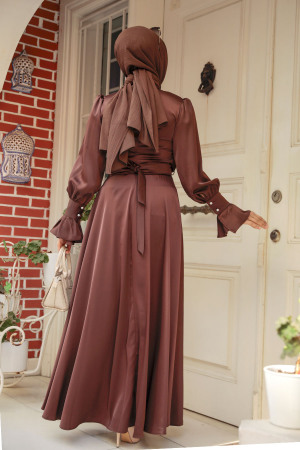 Brown Satin Modest Evening Gown 5983KH - 5